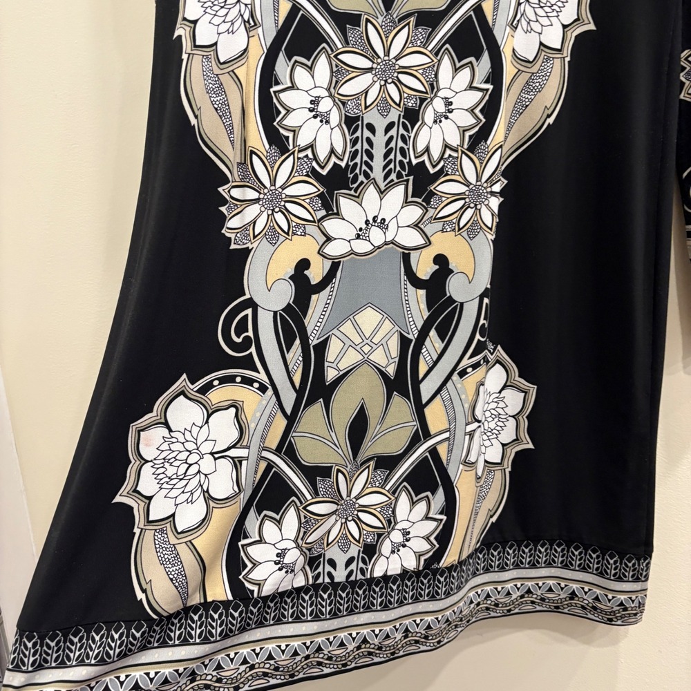 Hale Bob Black Gold Floral Medallion Beaded Tunic Stretch Jersey Shift Dress L - Picture 10 of 13